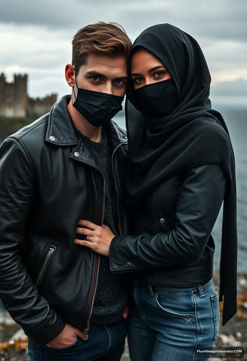 Jamie Dornan's head and body shot, handsome, youngest, black face mask, black leather jacket, jeans, dating, love with a big black hijab Muslim girl, not tall, beautiful eyes, face mask, maroon leather jacket, biggest black skirt, hyper realistic, studio photography, full body photo, exploring at an abandoned castle, at sea, gloomy scenery.