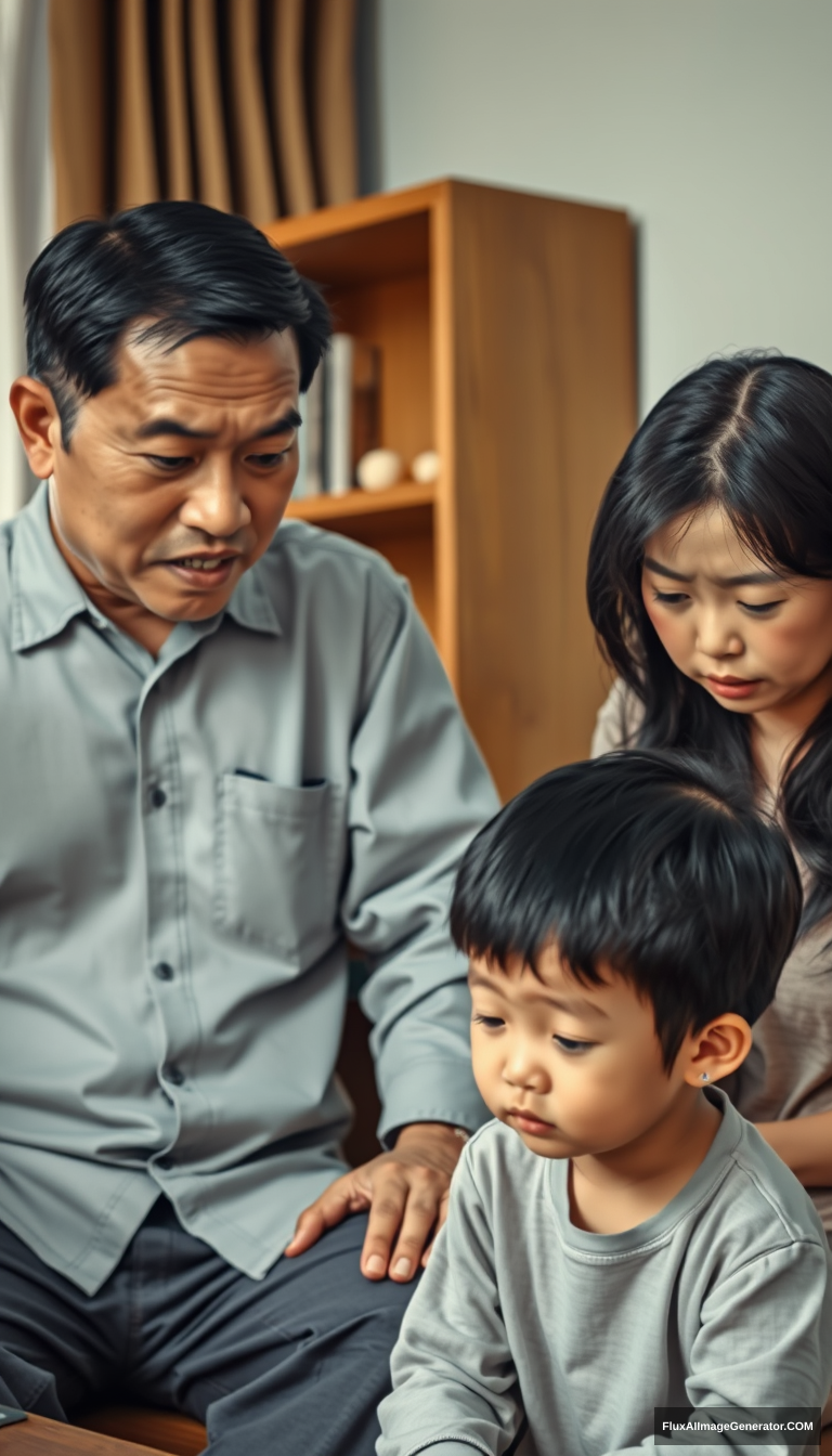 East Asian family, family members with repressed expressions, living room setting, parents scolding child, child looking down silently, tense family atmosphere. - Image