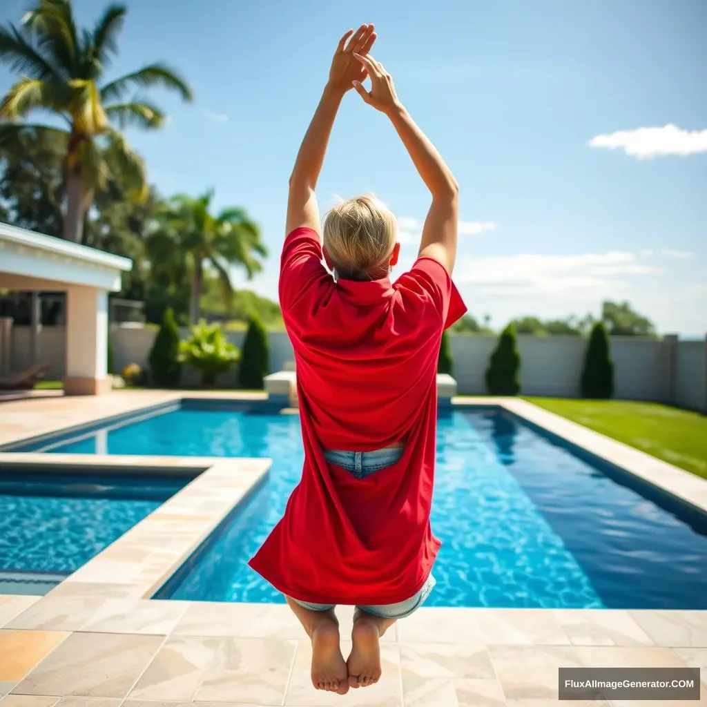 Back view of a young blonde skinny woman who is in her early twenties is in her massive backyard wearing a massively oversized red polo t-shirt which is a bit off balance on one of the shoulders, and the bottom part of her t-shirt is tucked in on all sides. She is also wearing M-sized light blue denim shorts and she is barefoot, diving into her massive luxurious pool with her arms raised above her head and she is upside down. - Image