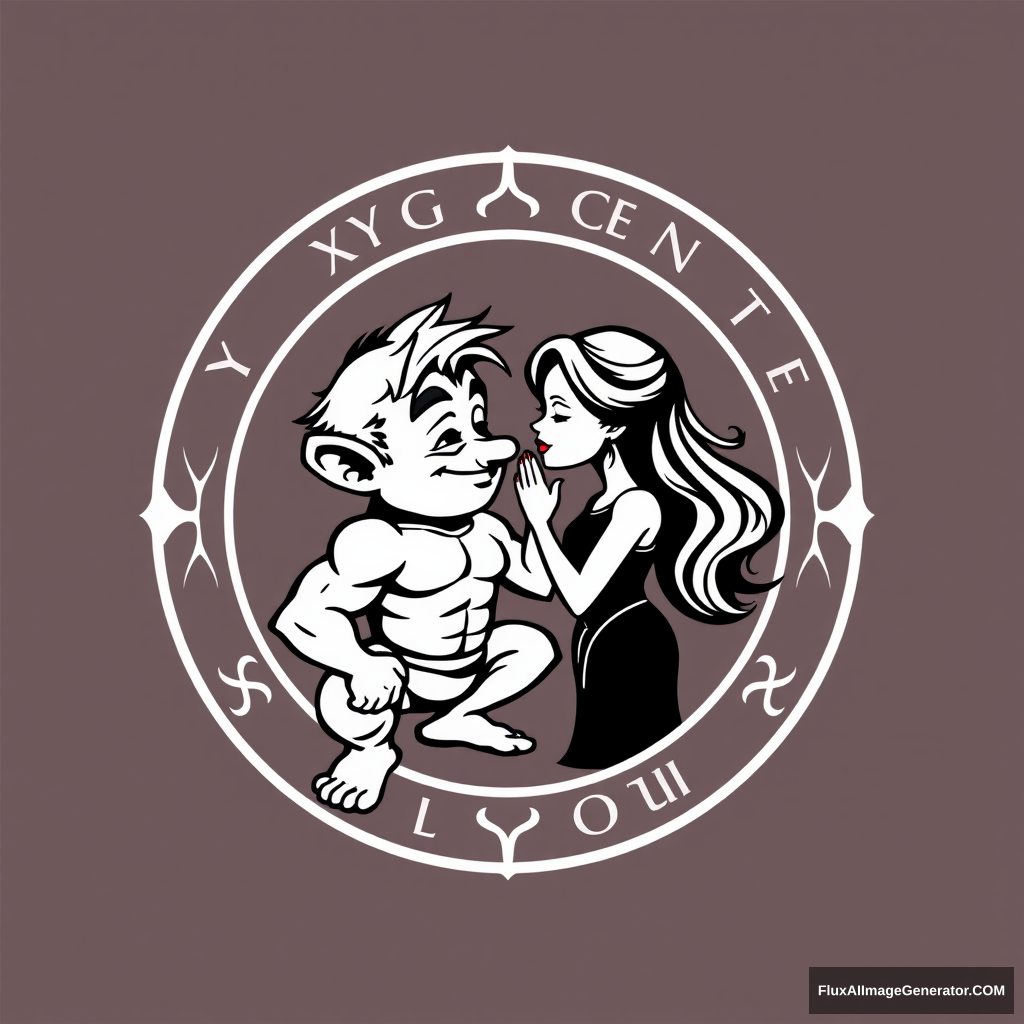 Typical yoga center logo, but with a muscular dwarf flirting with a woman. - Image