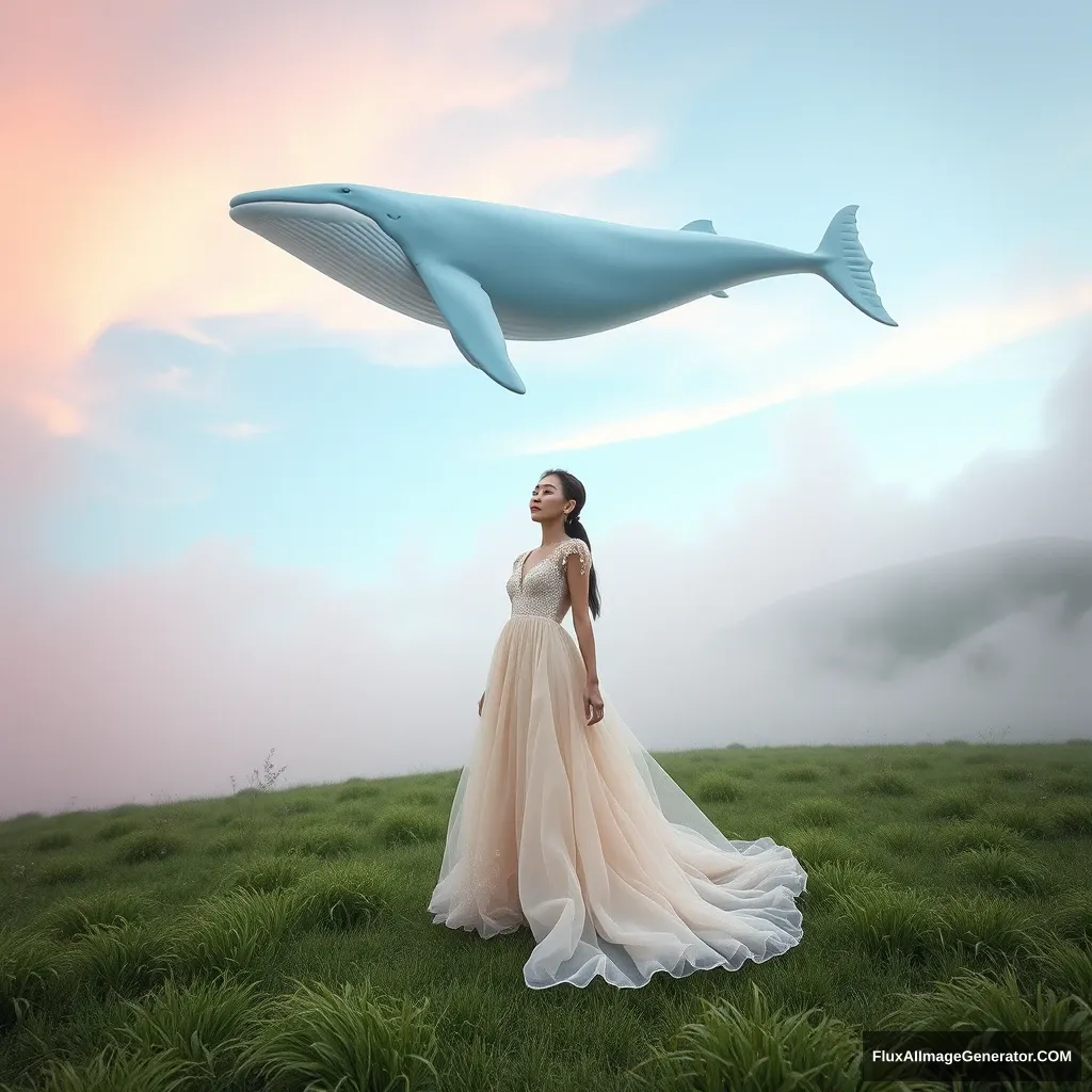 A mesmerizing surreal photograph for a hip hop album cover featuring Li Bingbing, standing gracefully on a lush green meadow under a dreamy, pastel-colored sky. Above her, a giant whale floats serenely in the air, creating a whimsical and enchanting atmosphere. She is dressed in a flowing, ethereal designer gown that complements the surreal landscape. The high-resolution image, captured in 2022 using IR 660 nm photography and Unity HDRP by Hu Jieqing, highlights the intricate details of her attire and the fantastical elements of the scene. The gentle mist adds a layer of mystique and dreaminess, reminiscent of an Arca album cover by Hu Zaobin. This photograph beautifully blends the surreal beauty of the flying whale with modern fashion, making it perfect for a captivating and otherworldly album cover. - Image