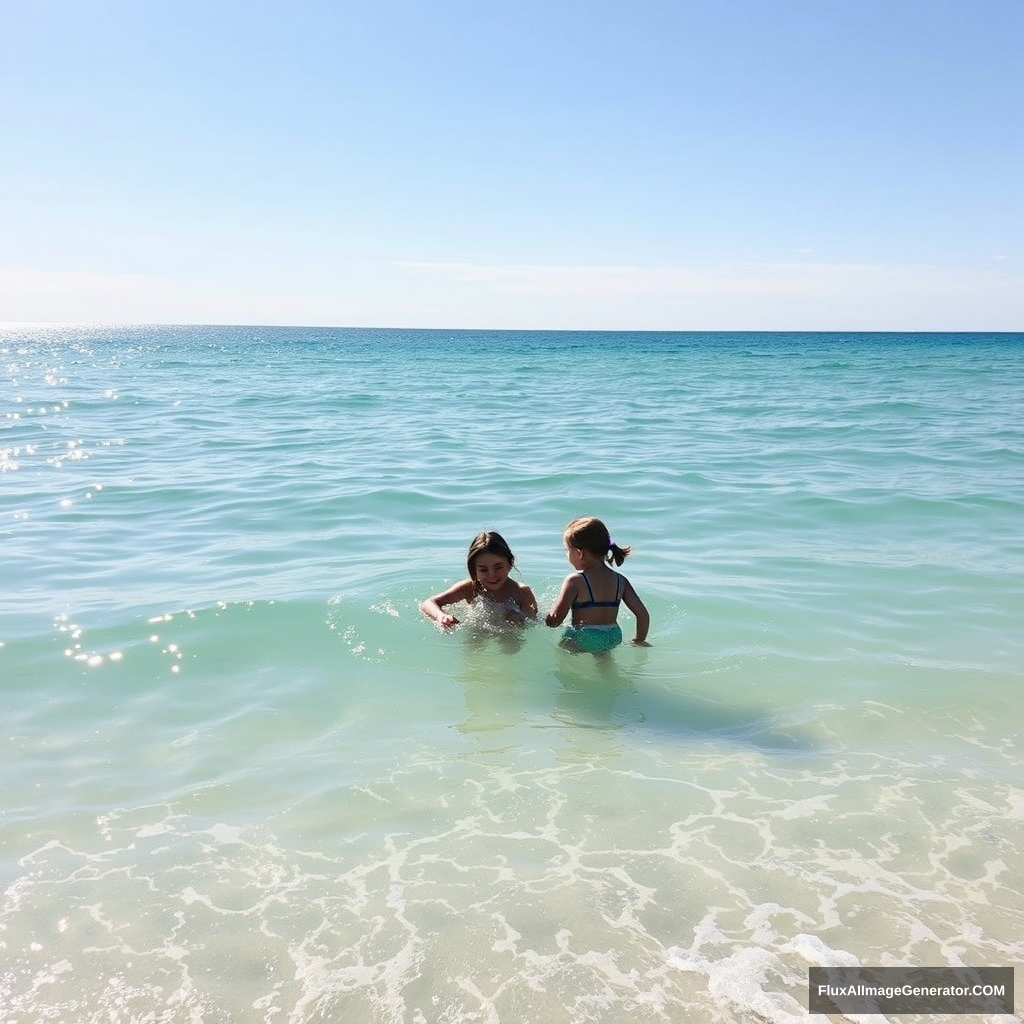 "Sea water, beach, sunshine, two girls playing in the water."