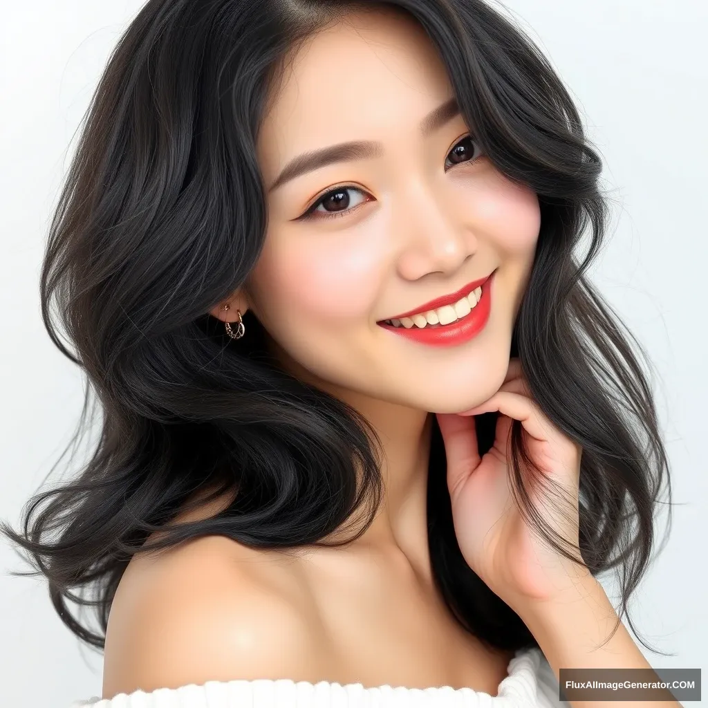 A photo of a 20-year-old Korean actress with black S-wave perm hair, resembling Jisoo from Blackpink, wearing a white off-the-shoulder top, with shoulder-length hair, a charming smile, and touching her neck, against a simple white background, showing her upper body, with natural light, exhibiting super flawless skin, taken with professional photography skills, with clear focus and high definition. - Image