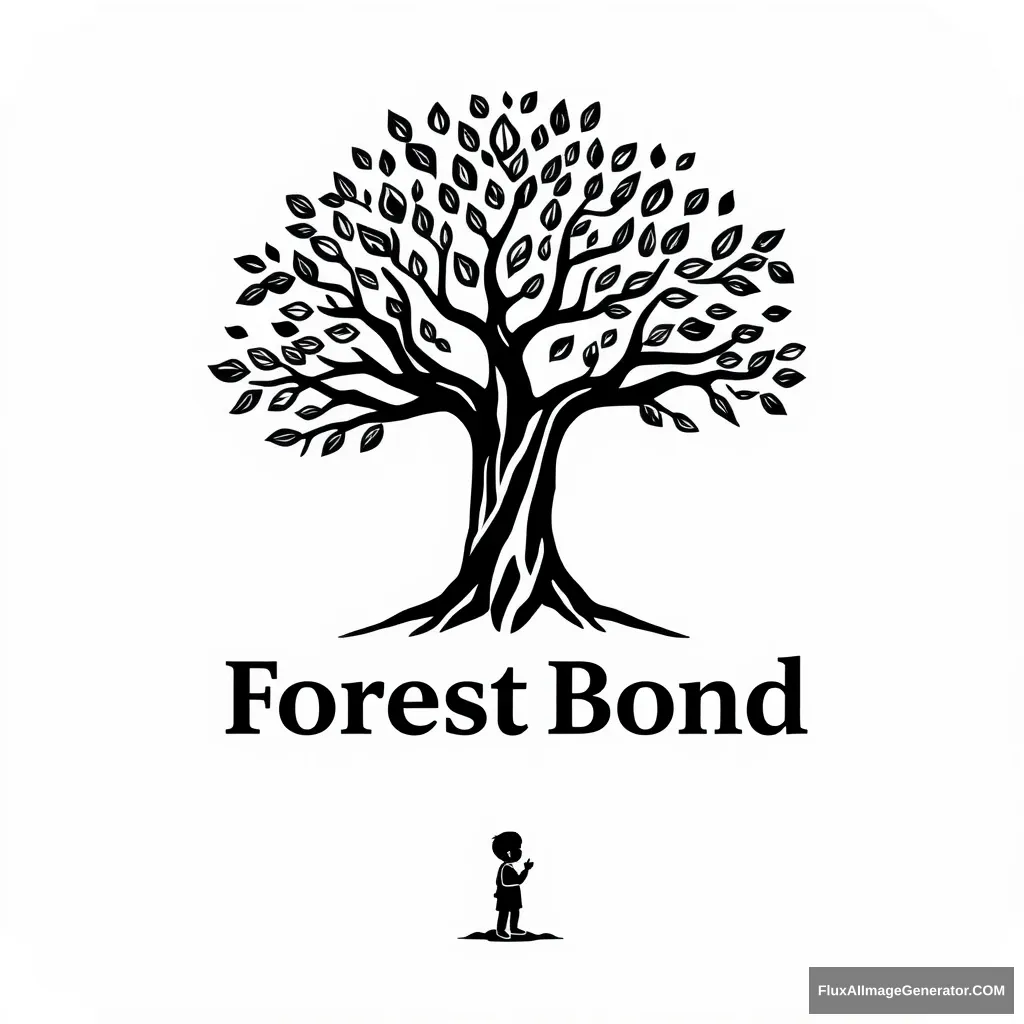 It's a logo for an app called forestbond. It's a tree in the shape of a woman spreading its branches with a lot of leaves. It gives the impression of deep and solid roots. Draw it in a reverent way and write the words Forest Bond underneath it in capital letters. It should have a serious feel to it. Don't overlap the drawing and text. Make it look like a child is under the tree looking up at it. Draw the whole thing in black on a transparent background. - Image