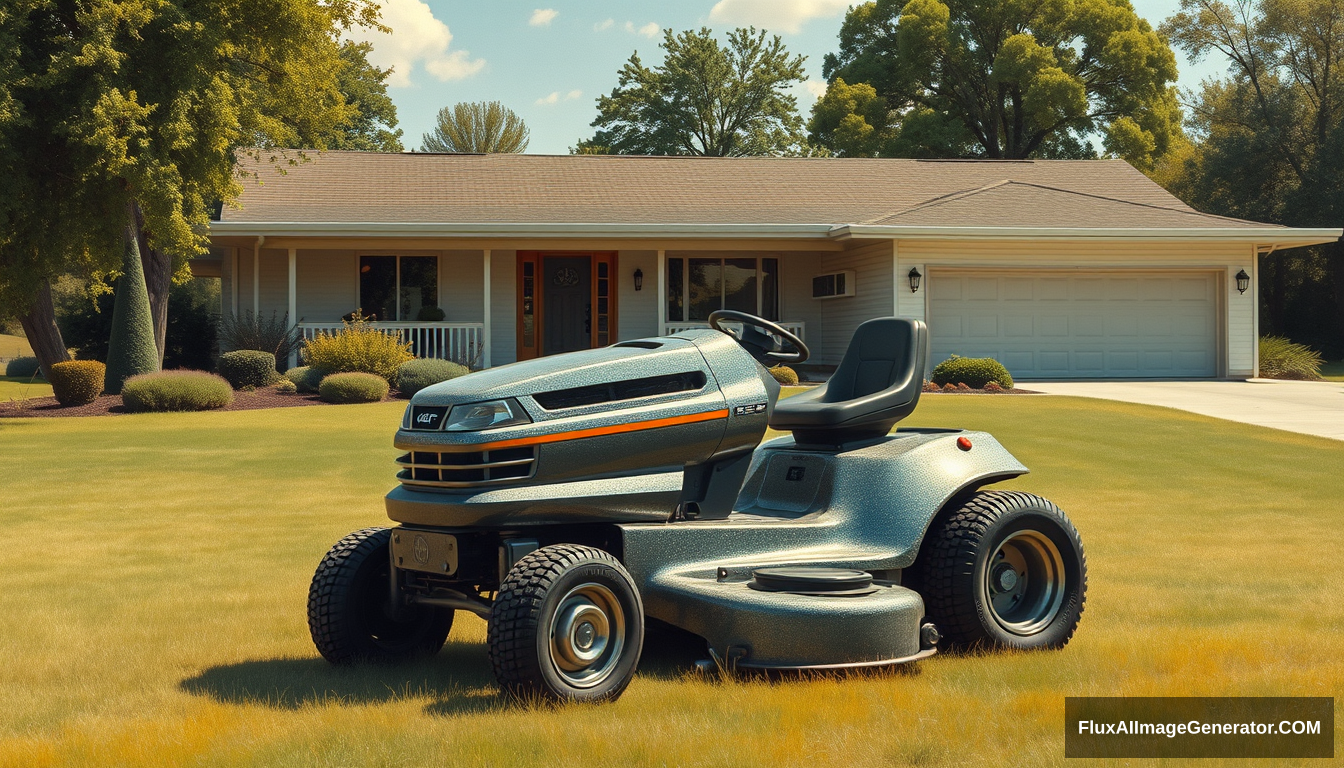 A futuristic lawn mower concept from the 1970s sitting in front of a Mid-Century Modern house, as painted by Syd Mead, in a country setting, 4k, Metal-flake paint.