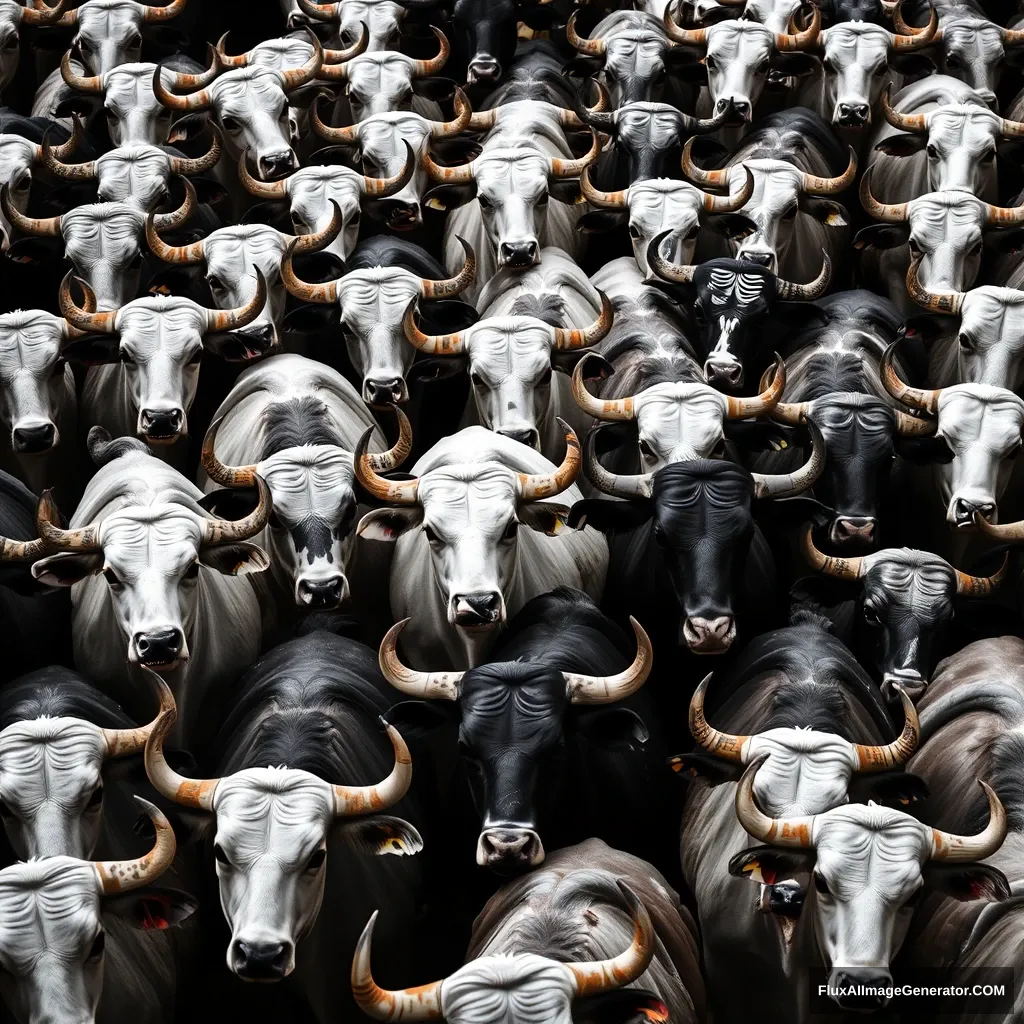 a frame full of white and black bulls in it