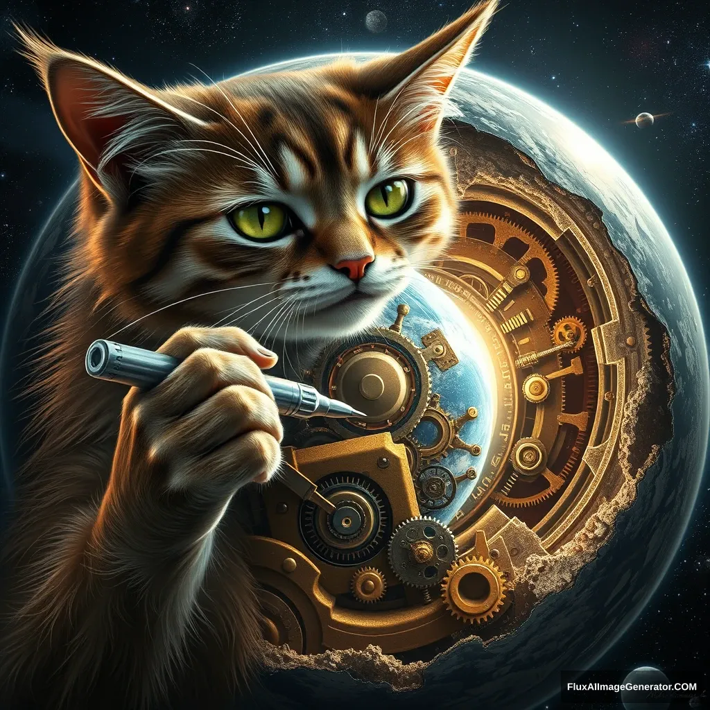 A hyper-realistic feline mechanic, fur glistening under cosmic light, delicately maneuvers a precision screwdriver into an Earth-like planet's exposed core. Intricate gears and pulsating circuits intertwine within, revealing a clockwork cosmos. The cat's determined eyes reflect the vastness of space, embodying humanity's quest to understand universal mechanisms.