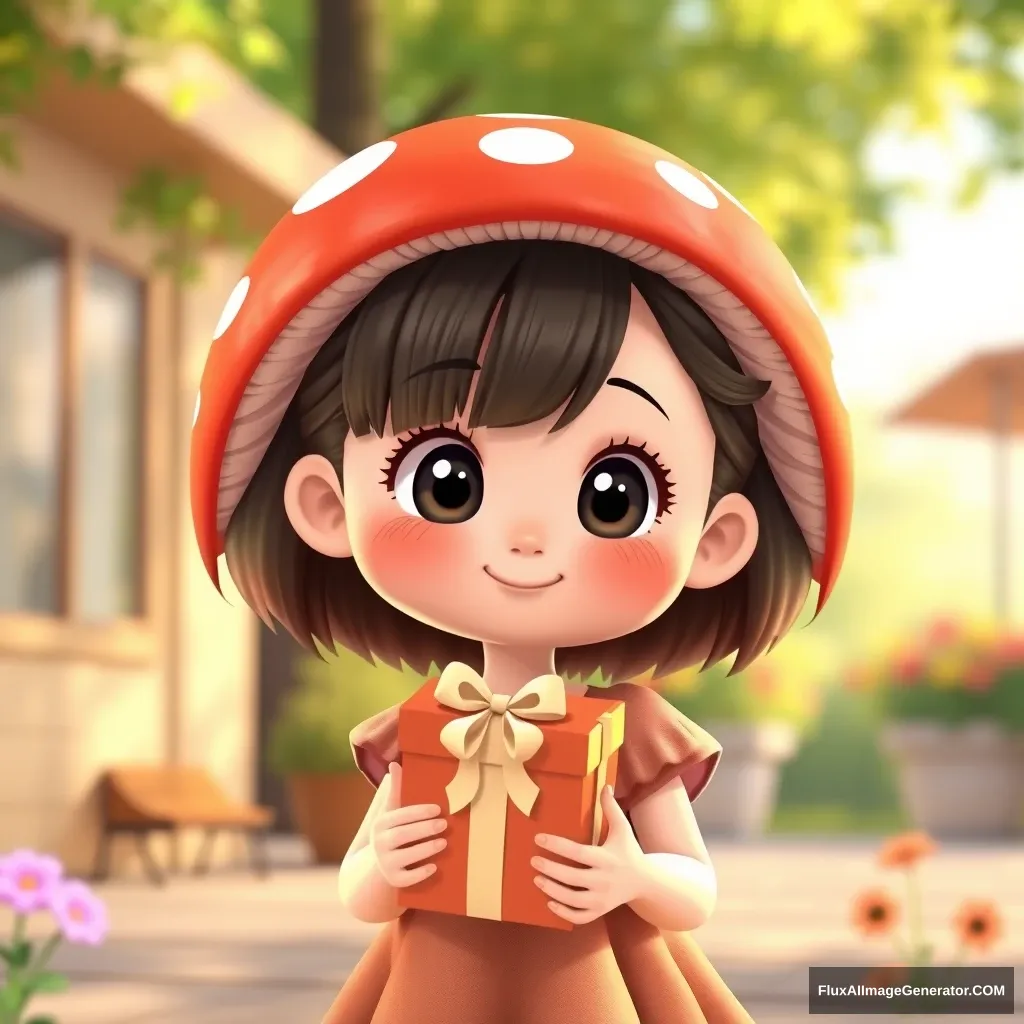 A little girl, looking very cute, with a relatively large head proportion, holding a snack gift box, in a 3D cartoon style, with a mushroom haircut, wearing a dress, against the background of the beginning of summer.