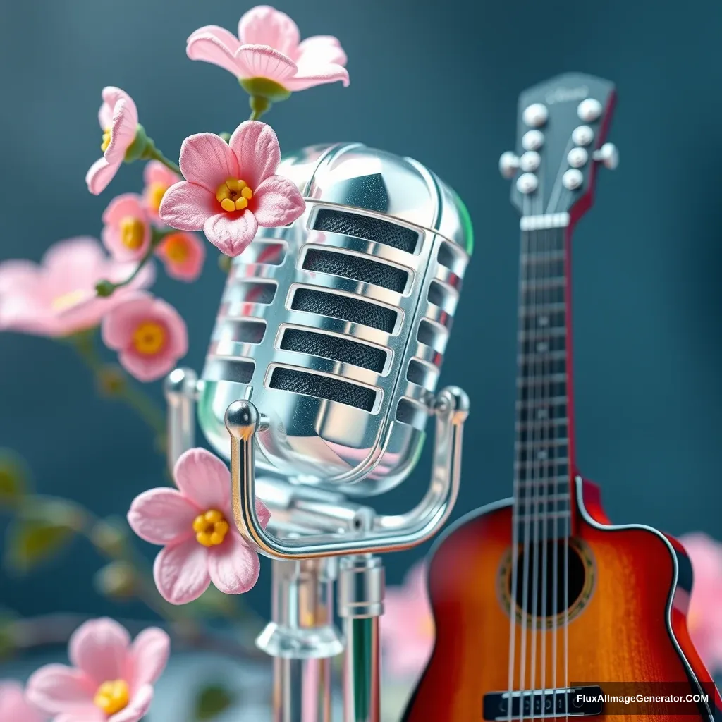 Glass microphone with flowers around the microphone, Translucent, Pink and Green Gemstone Style, Korean, Rococo, Miniatures, 3D Texture, C4D Style, Guitar on the side. - Image