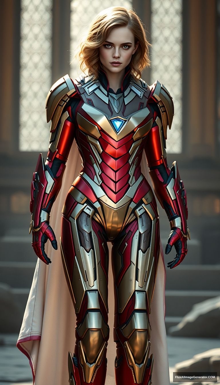 Emma Watson wears Iron Man-styled armor, red-gold metallic boots, huge breasts, 8K, Unreal Engine.