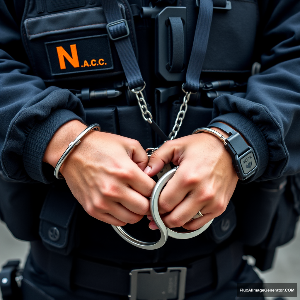 A soldier in black gear with a black and orange inscription N.A.C. on his vest is wearing steel handcuffs, a shot of his hands in handcuffs in front of him. - Image