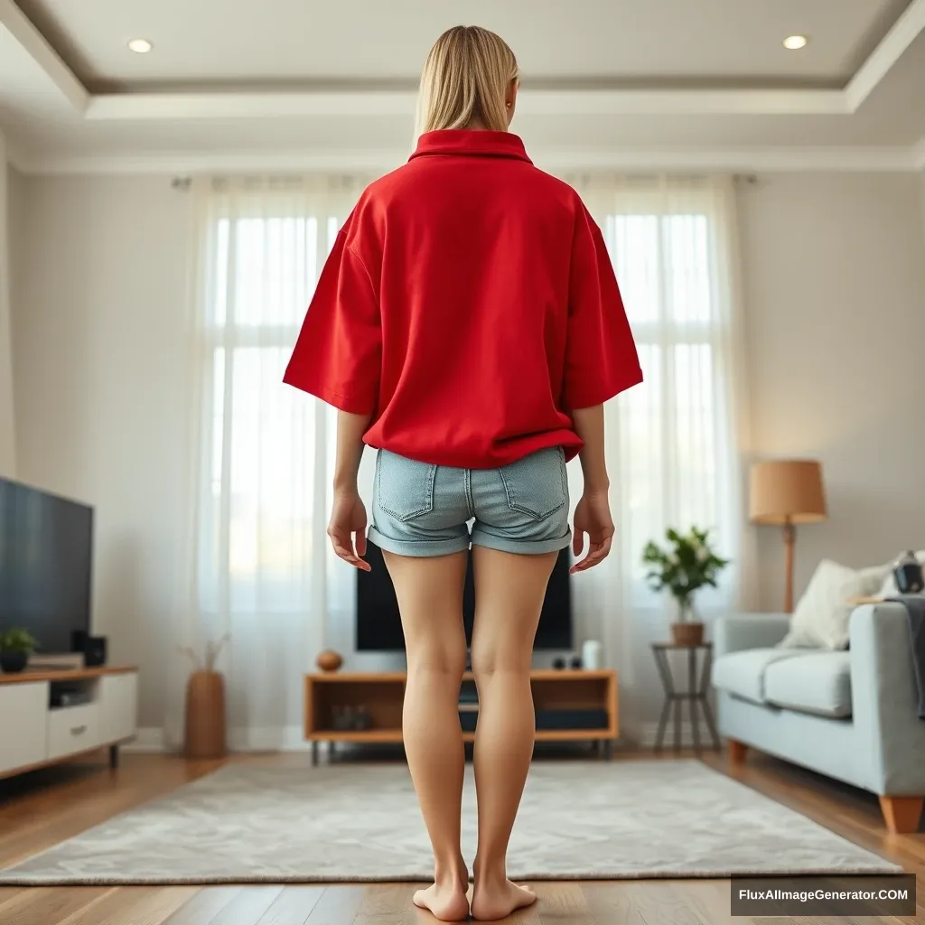 Front view of a young blonde skinny woman who is in her early twenties standing in her massive living room, wearing a massively oversized red polo t-shirt that is slightly off balance on one shoulder. The bottom part of her t-shirt is tucked in. She is also wearing light blue denim shorts and has no shoes or socks on. She faces her TV with both arms hanging straight down.