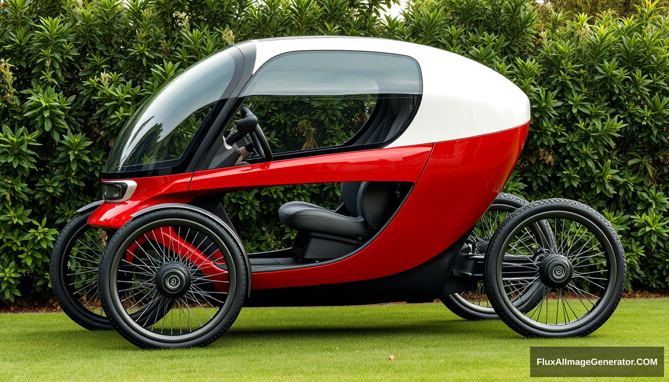 3 wheeled, enclosed, concept car, ((just 2 wheels in front)), (((only 1 in back))), 4k, wide bicycle wheels, very low, sleek, detailed. - Image