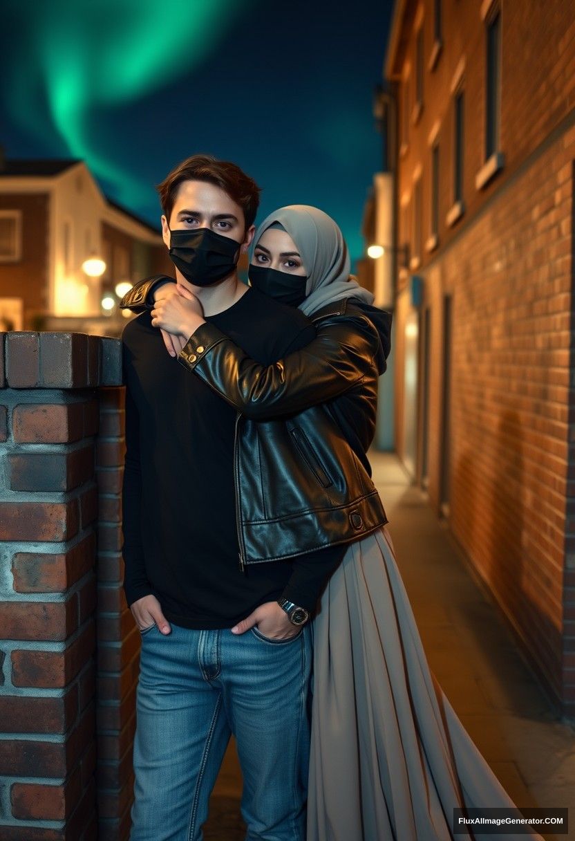 Jamie Dornan, tall, young, wearing a black face mask, black long-sleeve playboy t-shirt, jeans, 

dating a romantic hijab-wearing Muslim girl with beautiful eyes, wearing a black face mask, leather jacket, and a very long and wide skirt, who is not tall, 

lying on his shoulder, hugging him from behind, flirting with him, near a brick wall in town, photorealistic street photography, night scenery, aurora borealis. - Image