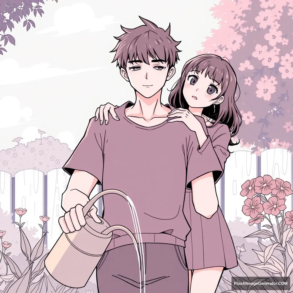 Anime line art, front view of a handsome tall boy watering the flowers, while a young woman standing behind him puts both hands on his shoulders, tilting her head and looking curious. - Image