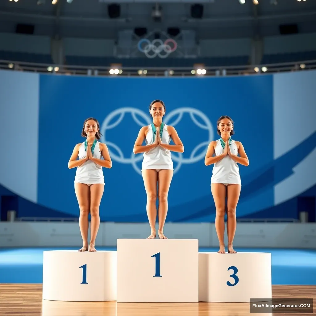 "Yoga has become an Olympic sport. So, imagine three female yoga athletes standing side by side on the podium in the center of the Olympic arena with gold, silver, and bronze medals. The podium is marked with 1, 2, and 3. The posture for receiving the awards should be the Namaste position with their hands together in front of their chest."