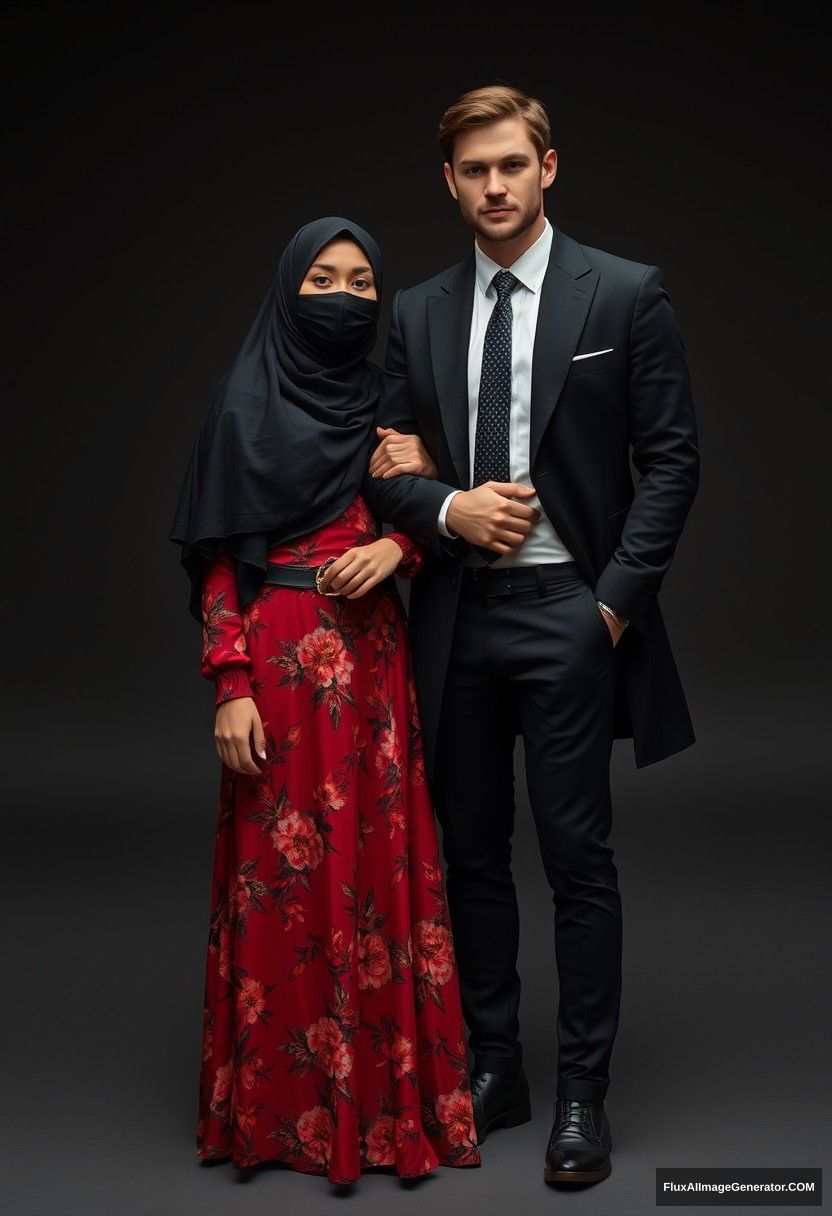 A biggest black hijab girl, beautiful eyes, face mask black, biggest red floral longest dress, not tall, standing near him, love holding his arm,

Jamie Dornan body and face shot, handsome, youngest, face mask black, fit and tough body, black coat suit, white shirt, black patterned tie, tall man, black shoes, love standing near her, love couple

Hyper realistic, studio photography, photorealistic