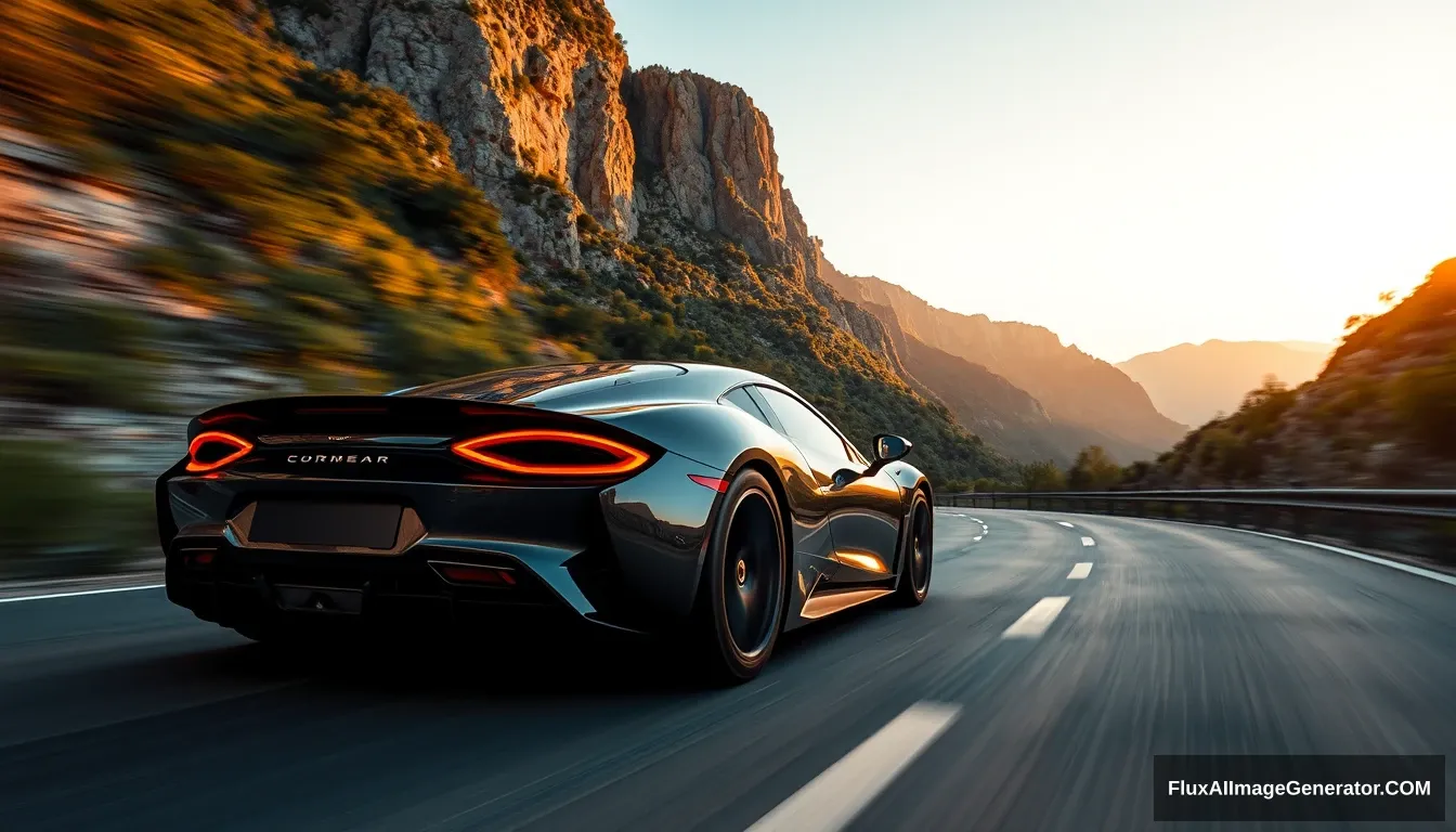 (super car:1.5) 45 degree view, sleek design, (shiny metallic finish:1.3), racing from a winding mountain road, surrounded by lush greenery and dramatic cliffs, (sunset lighting:1.2) casting warm hues, dynamic motion blur enhancing speed, reflections on the car's surface, (high detail:1.4), cinematic atmosphere, (4k:1.2), inspired by automotive photography.