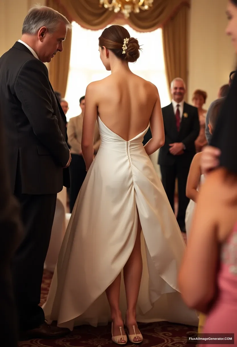 A short young woman, sensitive, delicate, backless strapless side-less low-waisted contouring wedding dress with a deep-cleavage loose front. Fawning obediently mingling with fathers. Expectations. Perfect posture. Pale skin. - Image