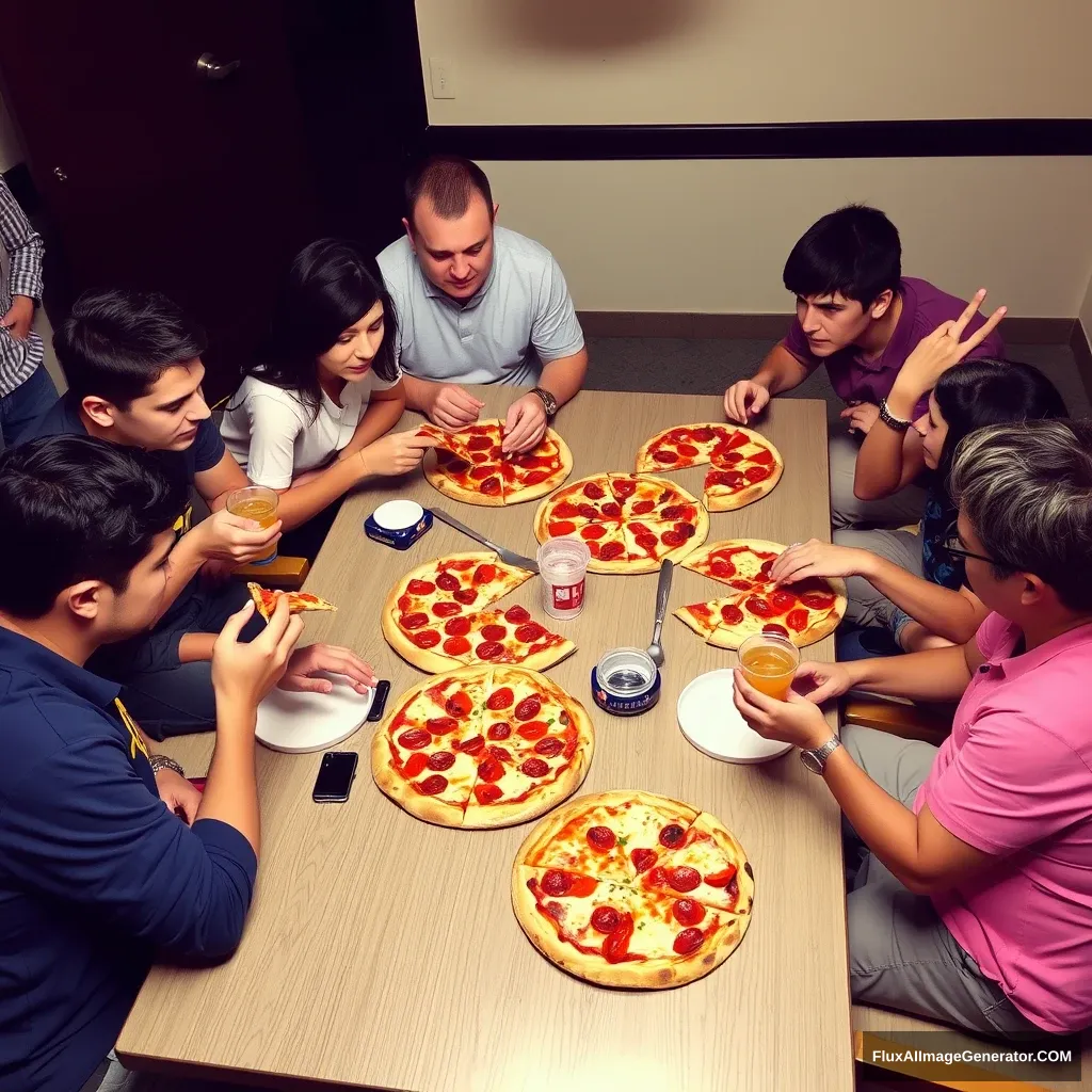 A group of people sitting around eating pizza together. - Image