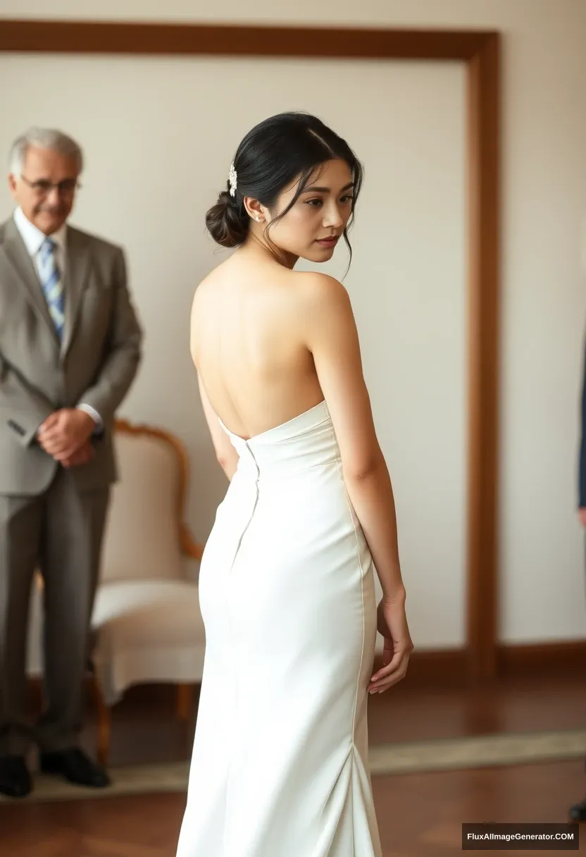 A short young woman, sensitive and delicate, wearing an off-shoulder, backless, strapless, side-less, low-waisted, open-back contouring wedding dress that's starting to come undone, standing in front of elder patriarchy, expectations, and perfect posture.