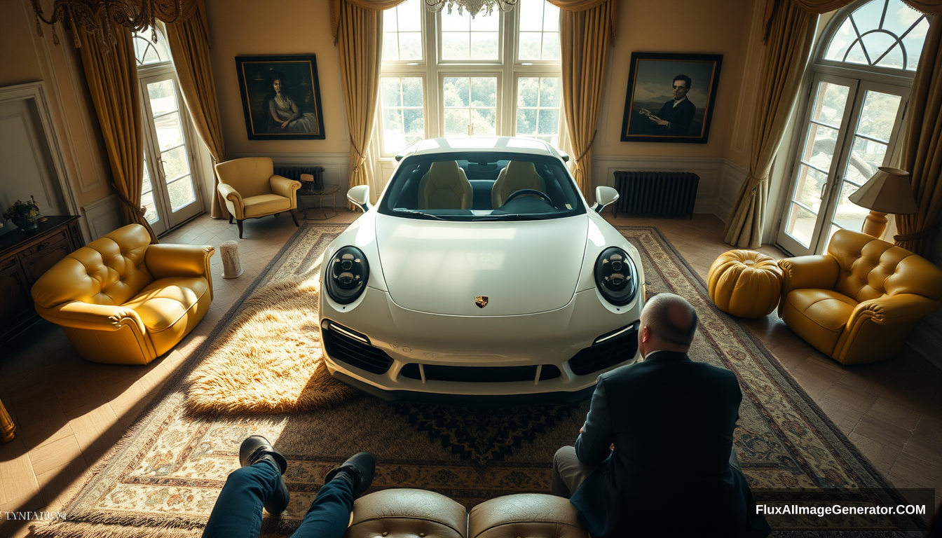 Close-up, top view, a white car is parked in the living room of an old mansion, with sunlight shining through large windows onto it. The interior decoration features beige walls and yellow furniture. There's also a fluffy carpet under one side of its body. On both sides of the Porsche sports car stands a golden pumpkin-shaped sofa. This scene has cinematic lighting effects, creating a warm atmosphere. In front of the sports car sit two people wearing elegant attire, adding some character elements to the entire setting. - Image