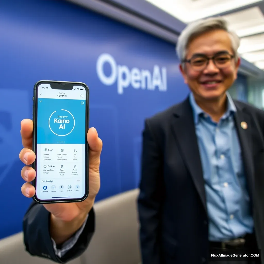 "Singapore PM Lee Hsien Loong holds a phone and the phone screen shows the KainoAI app, the background is at the OpenAI office." - Image