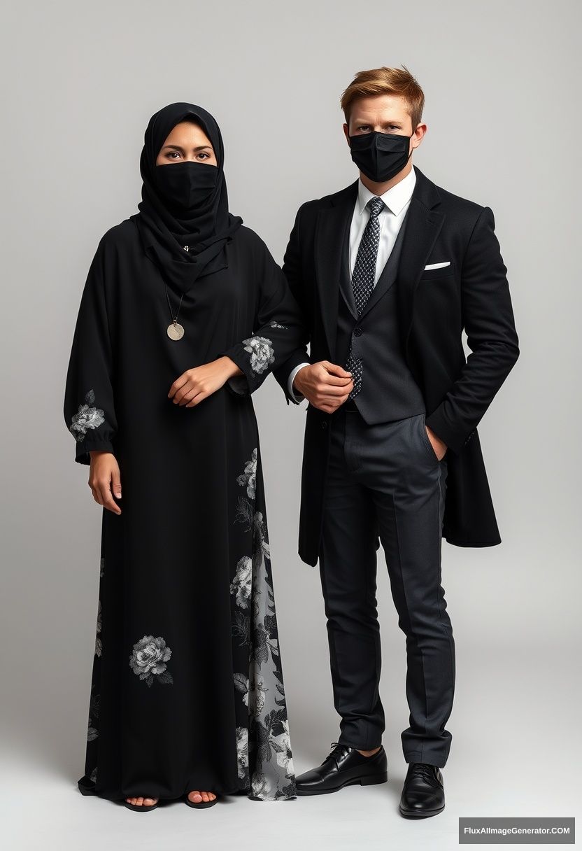 A biggest black hijab girl, beautiful eyes, black face mask, biggest white floral longest dress, not tall, standing, holding his arm

Jamie Dornan, youngest, black suit coat, white shirt, grey patterned tie, black leather sneakers, tall man, black face mask, fit tough body, standing near her, love couple

hyper-realistic, studio photography, photorealistic