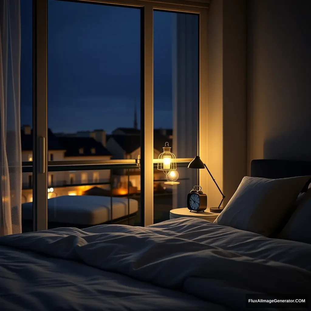 Glass window, modern bedroom apartment in France, a lantern lighting, night scenery, 2:00 AM on a small clock at a small desk behind the bed, hyper-realistic, photorealistic.