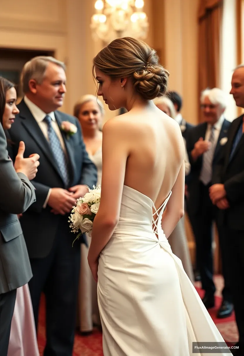 A short young woman, sensitive and delicate, wearing a backless, strapless, side-less, low-waisted contouring wedding dress with a deep-cleavage loose front. Fawning obediently while mingling with fathers. Expectations. Perfect posture. Pale skin.