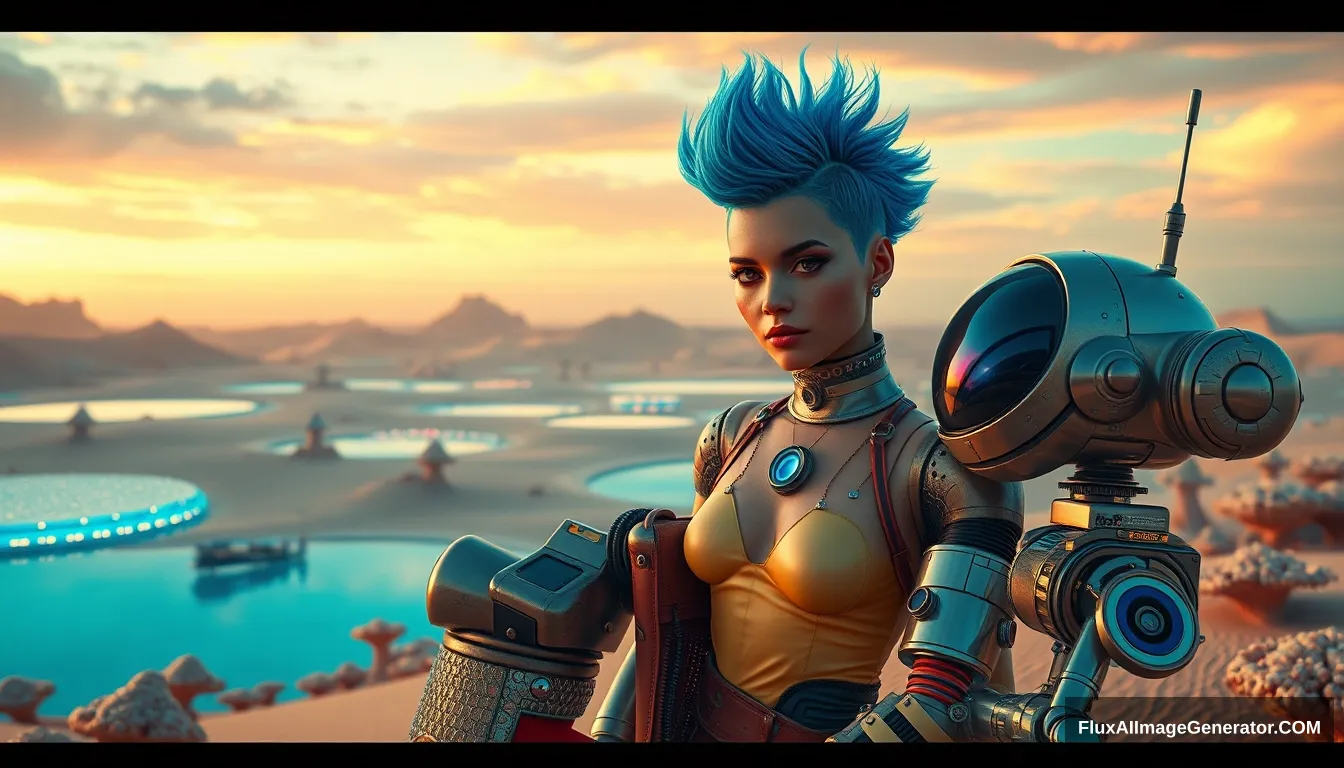 Cinematic photo of a couple in the intricate style of Enki Bilal: a deliciously attractive punk girl with electric blue spiky hair and a charming retro-futuristic robot. A small spaceship is nearby. Scene: in a surreal alien desert adorned with iridescent fungi and shimmering lakes, all beneath a vibrant, dreamlike sky. Ray traced, textures, octane render.