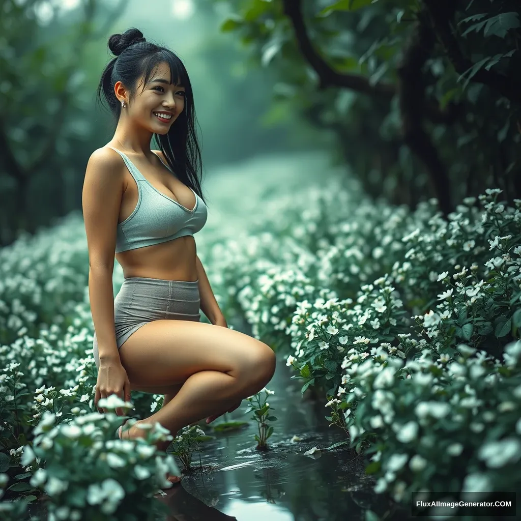 A cyberpunk woman crouching in the distance, whimsically smiling, a huge green jungle with white little flowers everywhere, close-up, skin-colored yoga pants, artistic beauty, professional photography, real life, short skirt, contrast, abdomen, showing abs, contrast, transparency, rendering a huge sense of scale, long focal length zoom perspective, servos, pipes, reflective wet surface, fashion photography, fluctuating depth of field, zoom blur.