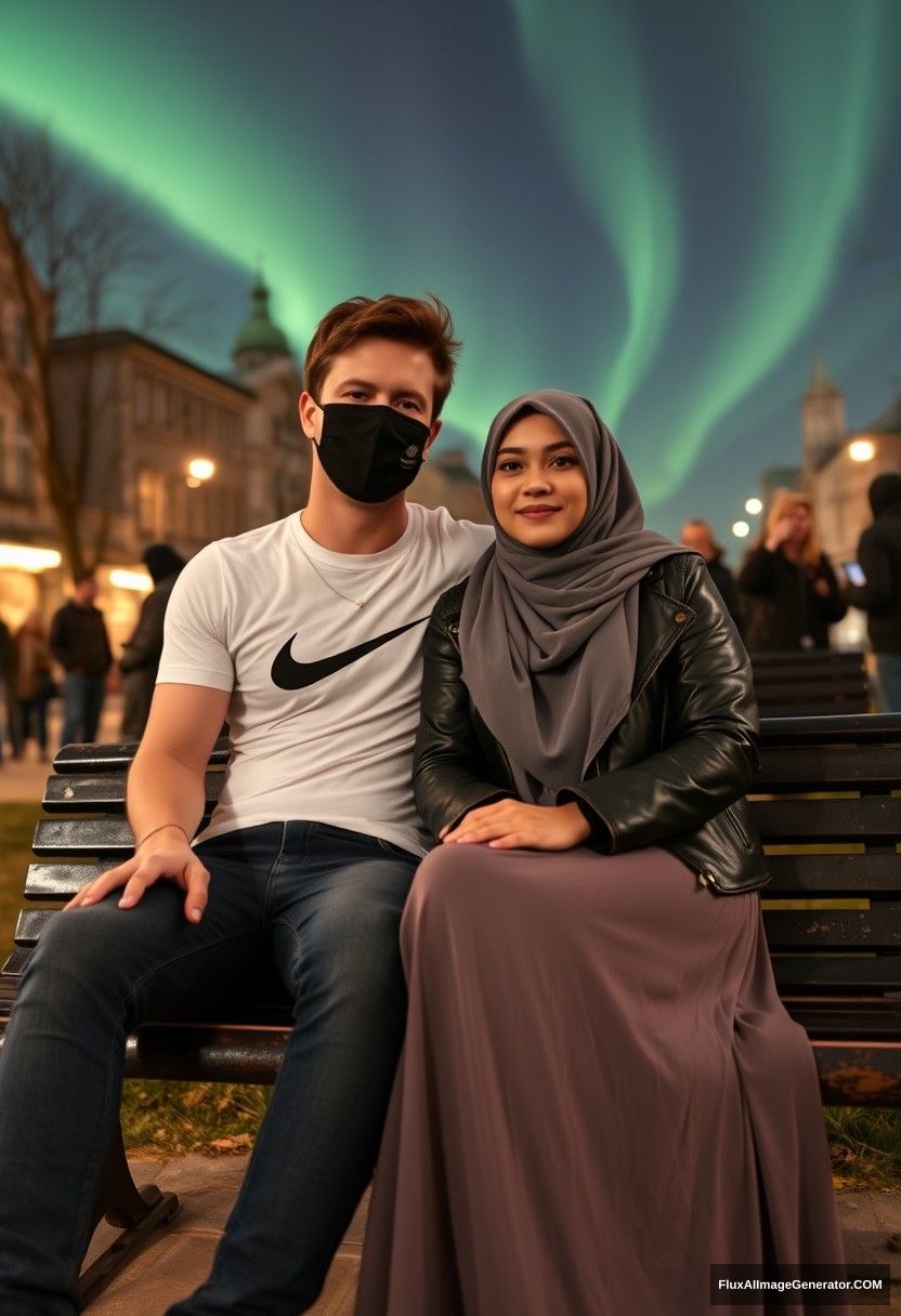 Jamie Dornan, tall, young, wearing a black face mask, a white Nike T-shirt, and jeans, is dating a beautiful Muslim girl in a grey hijab with beautiful eyes, also wearing a black face mask, a leather jacket, and a very long, flowing skirt. She is not tall. They are sitting together on a park bench, leaning against each other’s shoulders in a town setting, with strangers in the background. The scene is photorealistic, with selfie photos being taken at night, featuring the aurora borealis. - Image