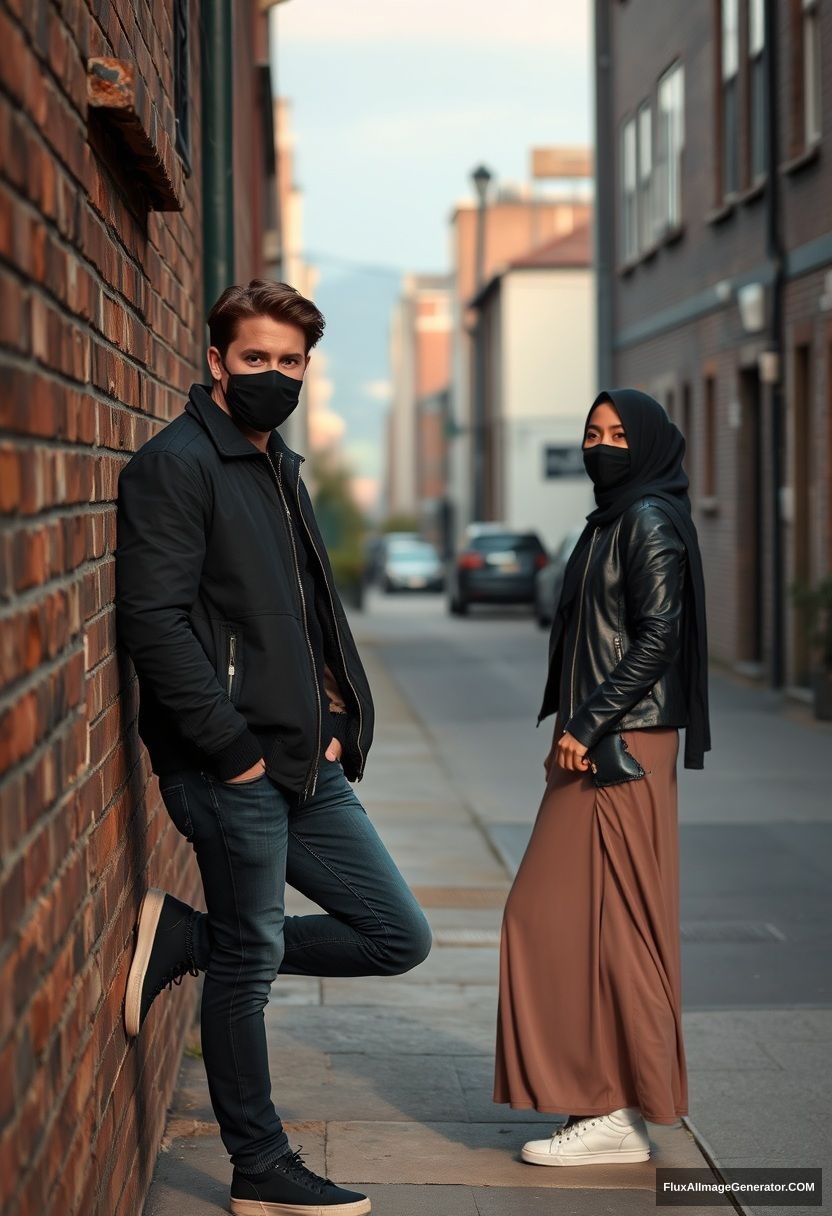 Jamie Dornan, handsome, young, black face mask, collage jacket, jeans, dating the most beautiful Muslim girl in a black hijab, with beautiful eyes, black face mask, black leather jacket, sneakers, the longest skirt standing and lying against a brick wall, town, morning scenery, photorealistic, street photography. - Image