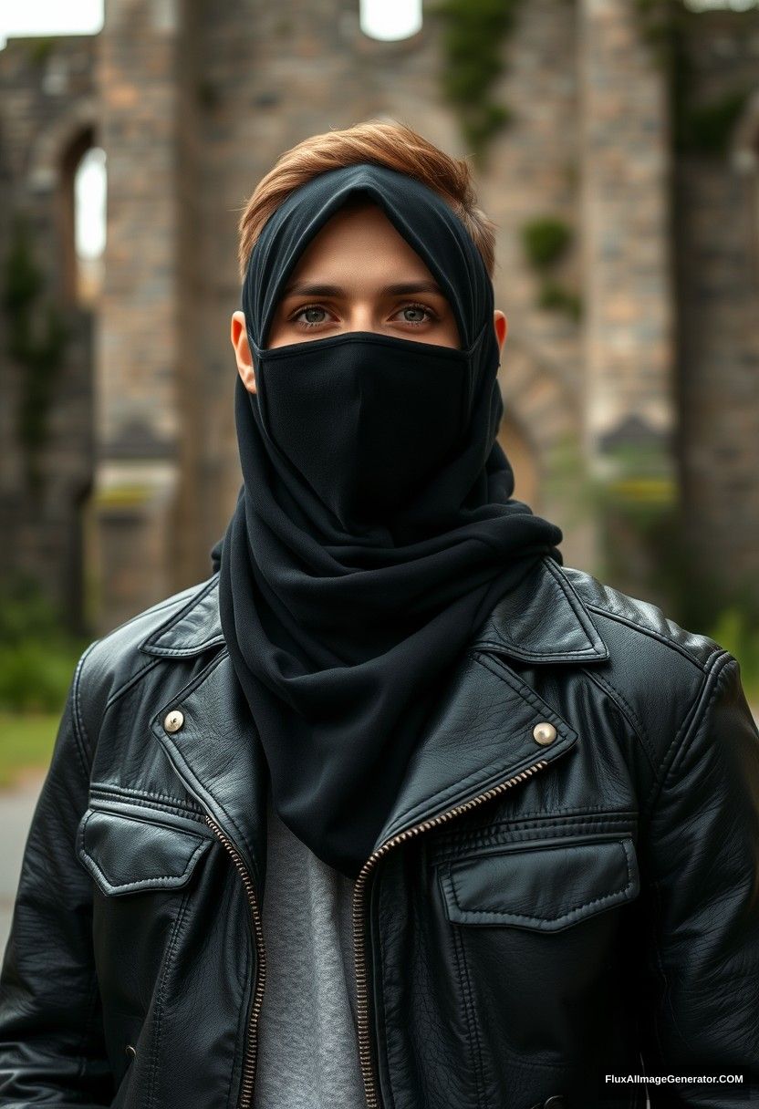 Jamie Dornan's head and body shot, handsome, face mask black, black leather jacket, dating, love with the biggest black hijab Muslim girl, beautiful eyes, face mask, maroon leather jacket, biggest black skirt, hyper realistic, studio photography, full body photo, explore at abandoned castle. - Image