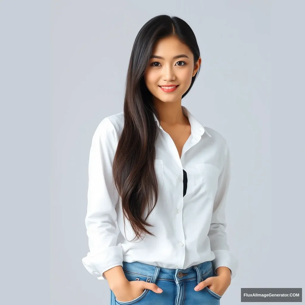 A photo of a pretty young Asian woman, in a white shirt and blue jeans, full body portrait.