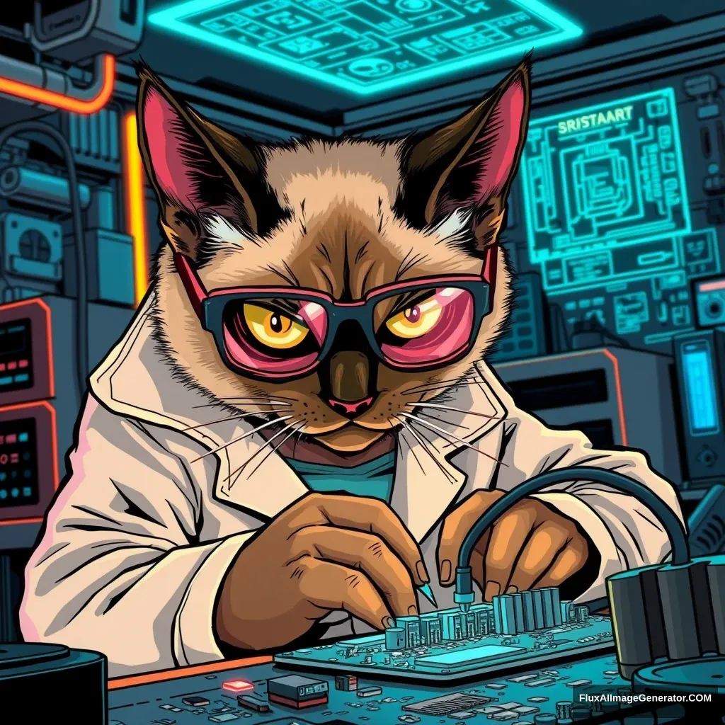 A tech-savvy Siamese cat, wearing oversized glasses and a lab coat, meticulously solders a complex motherboard. Set in a futuristic manga-style workshop with neon lights and floating holographic schematics. Determined expression, sharp line art, dynamic panel layout, and speed lines convey intense focus.