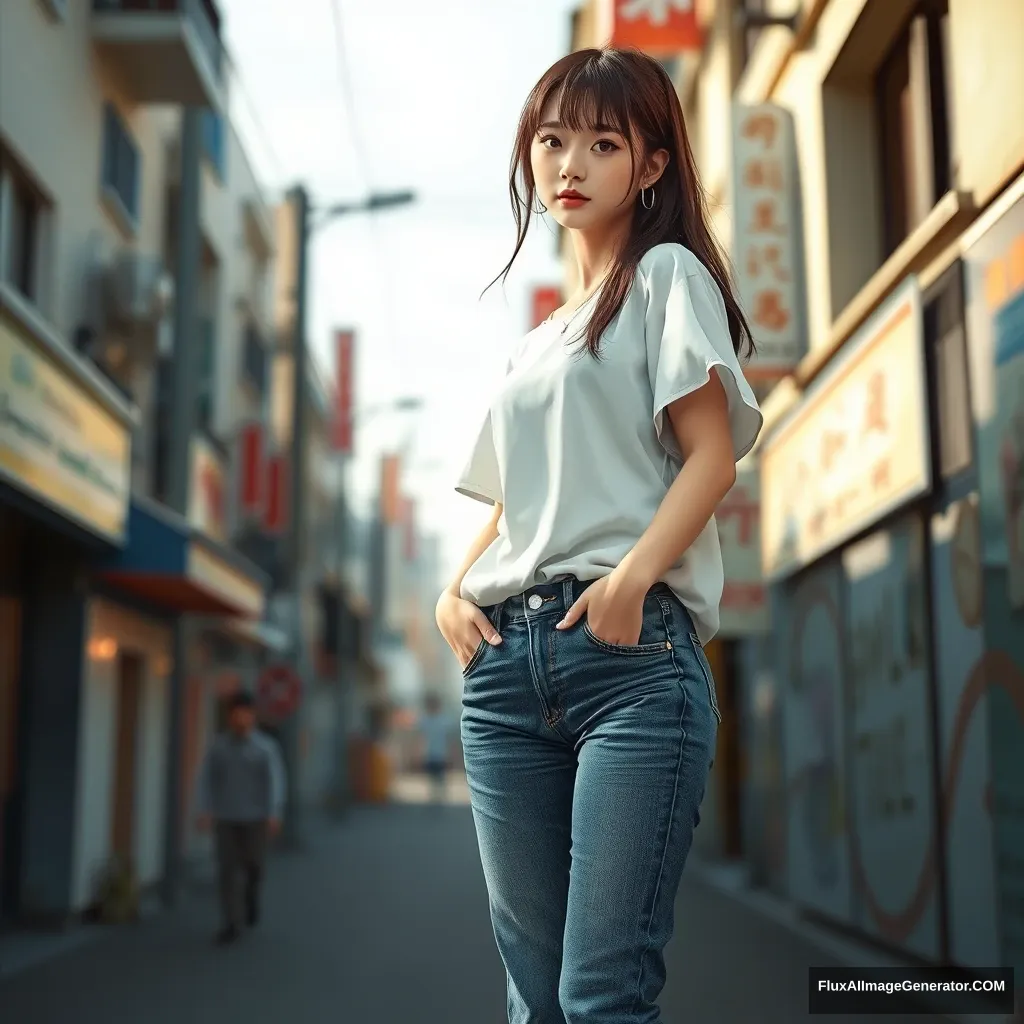 Photorealistic, real, hyper detailed, white shirts, jeans, Korean girl