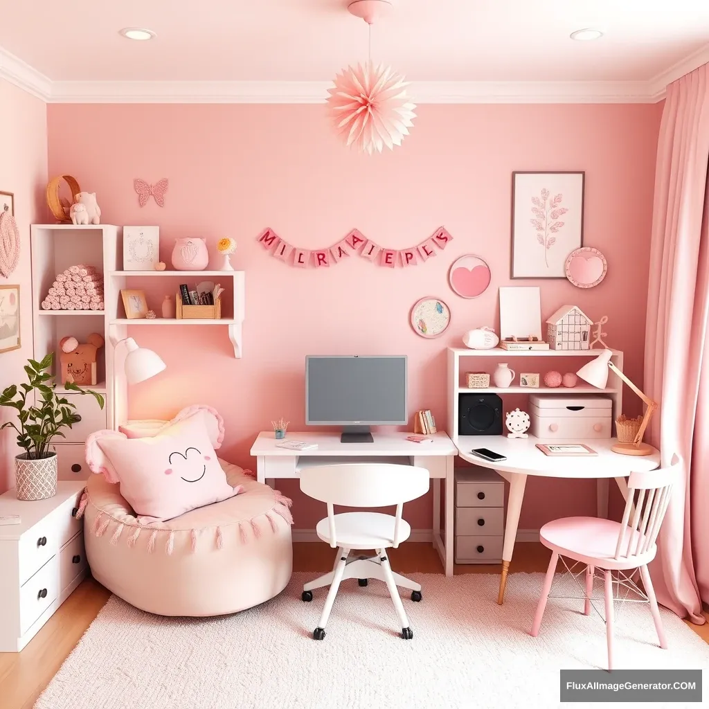 Create a girl's room that is warm and cozy, with light pink furniture and decorations, a computer, a mobile phone, pillows, tables, and chairs. - Image