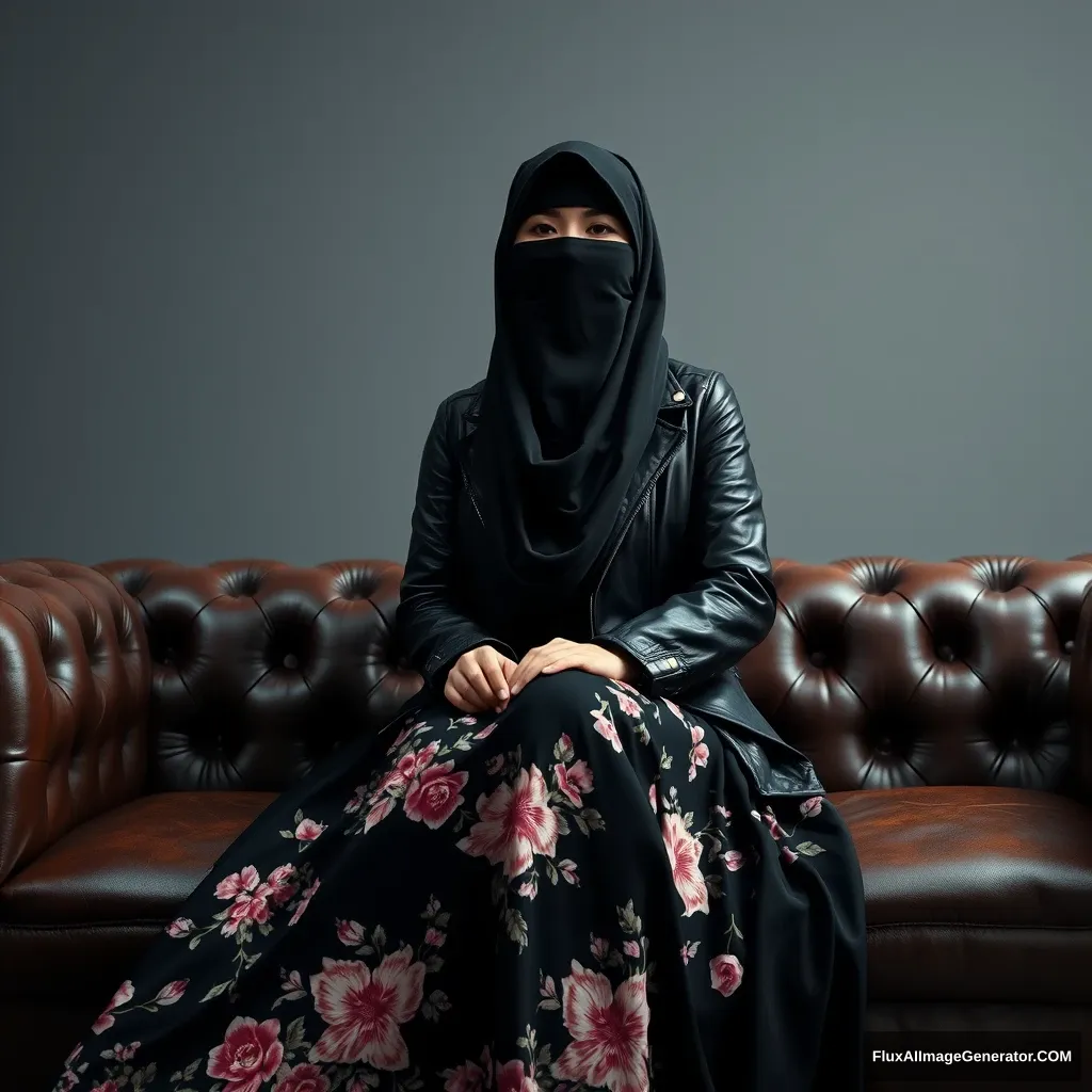 A biggest black hijab girl, burqa, black leather jacket, biggest floral long dress, sitting on leather sofa, hyper realistic, studio photography. - Image