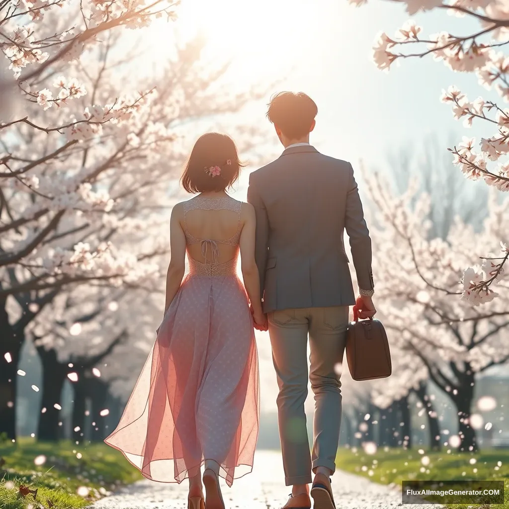 "A pair of lovers walking with the shining sunlight behind them, surrounded by countless dazzling cherry blossoms scattered by the wind." - Image