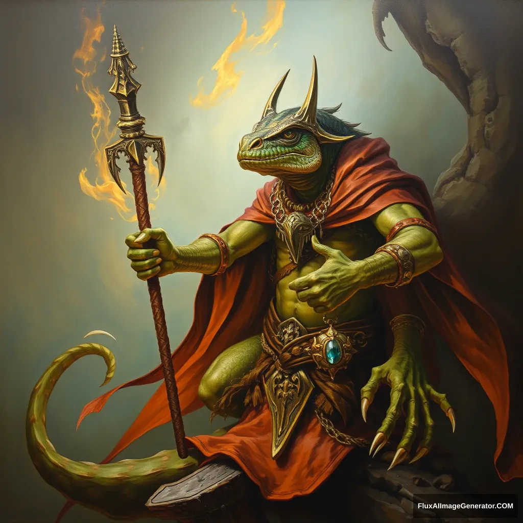 a lizardman enchanter, fantasy, dungeons and dragons, oil on canvas