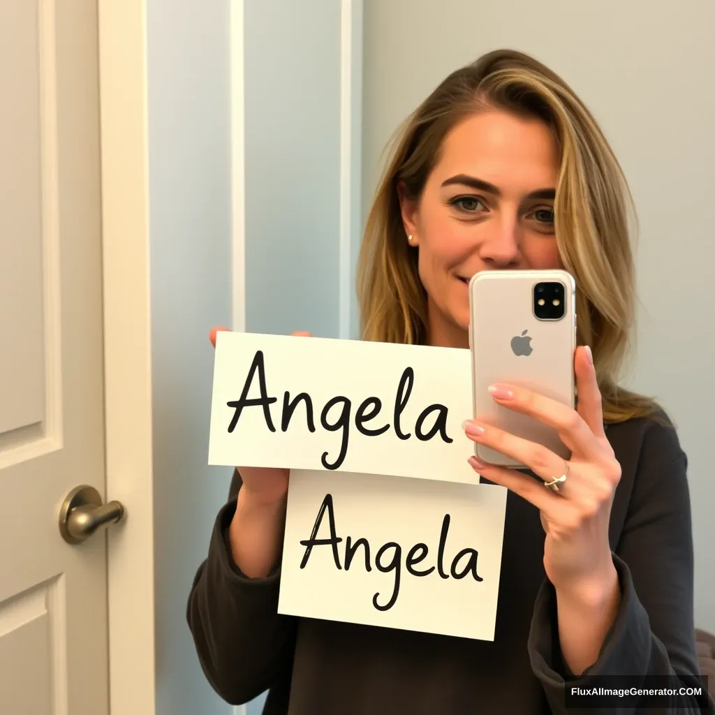 A mirror selfie of a white woman (39 years old) holding a sign with her name "Angela" and holding an iPhone.