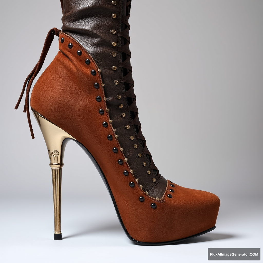 A high-fashion stiletto boot with a unique heel that represents a metallic sculpture of an entire woman's body in an artistic and sexy pose who embraces the boot body, intricate details, leather, suede parts, nails, lace. - Image