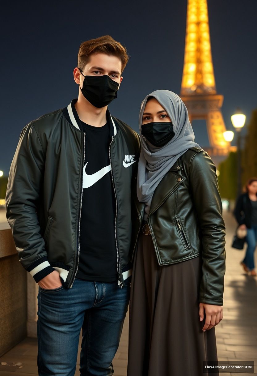 Jamie Dornan, young, black face mask, collage jacket, Nike t-shirt, jeans, tall man, fit body,

Dating, love with the biggest grey hijab Muslim girl, beautiful eyes, black face mask, leather jacket, biggest longest skirt, cute short girl,

standing near the Eiffel Tower, night scenery, hyper-realistic, photorealistic, street photography. - Image