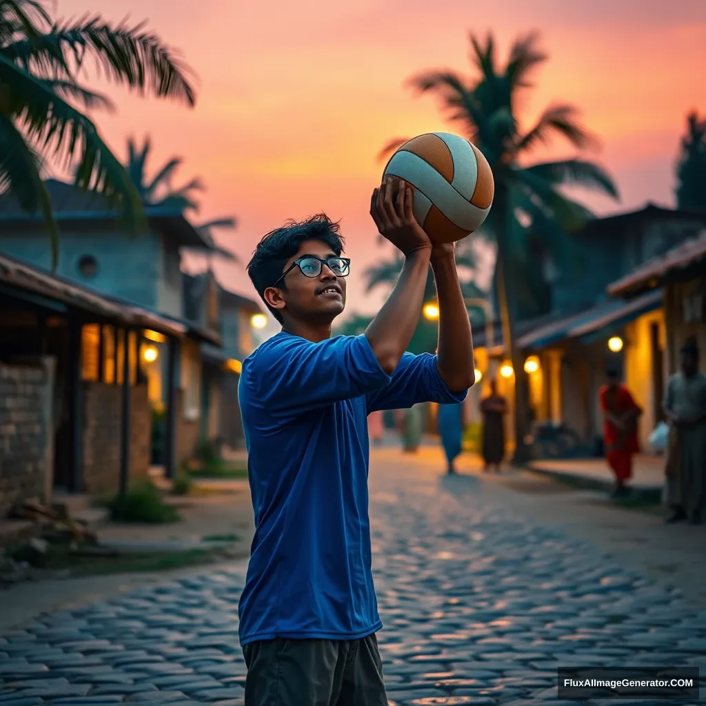 Create a vivid scene set in a Pakistani village during the evening. The street is gently illuminated by warm street lights, casting a soft glow over the cobblestone pathway.

Character Focus: Describe the teenage boy, Ali, who stands out with his bright blue shirt and spectacles that highlight his intelligent demeanor. Illustrate his excitement and enthusiasm as he prepares to serve the volleyball.

Setting: Picture the village environment around him—traditional houses with clay roofs, and the silhouettes of palm trees swaying in the evening breeze. The sunset paints the sky in hues of orange and pink, creating a beautiful backdrop.

Friends and Action: Include Ali's friends, who are gathered around, eagerly cheering him on. Describe their laughter, the sound of the volleyball being hit, and the joy of camaraderie as they play together.

Emotional Tone: Capture the spirit of friendship and the carefree nature of youth, where the evening air is filled with laughter and shared moments. Highlight how the street lights add an enchanting ambiance, making the game feel special.

Details: Add specific details such as the texture of the volleyball, the expressions on the boys' faces, and the way the evening light interacts with their features, enhancing the scene's warmth.