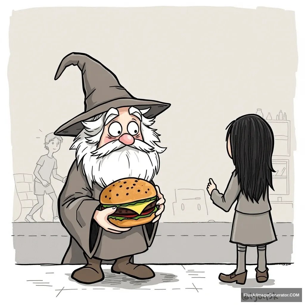 The wizard tries to buy a hamburger, but because no one understands him, he gets mad.