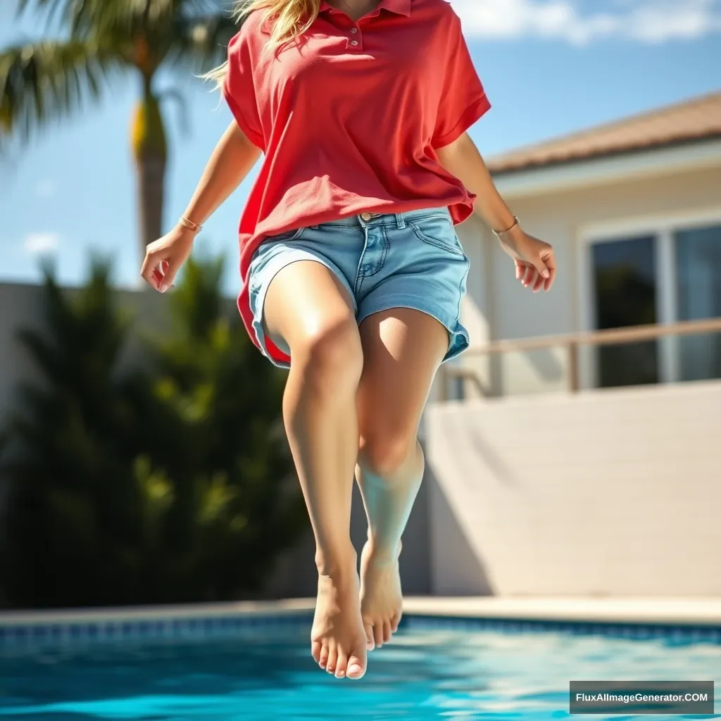 Front view of a young blonde skinny woman with a good tan who is in her early twenties, in her large backyard, wearing an oversized red polo t-shirt that is slightly unbalanced on one shoulder, with the bottom part of the t-shirt untucked. She is also wearing semi-large light blue denim shorts and is barefoot. She jumps into the pool with her legs straightened down and submerged underwater.