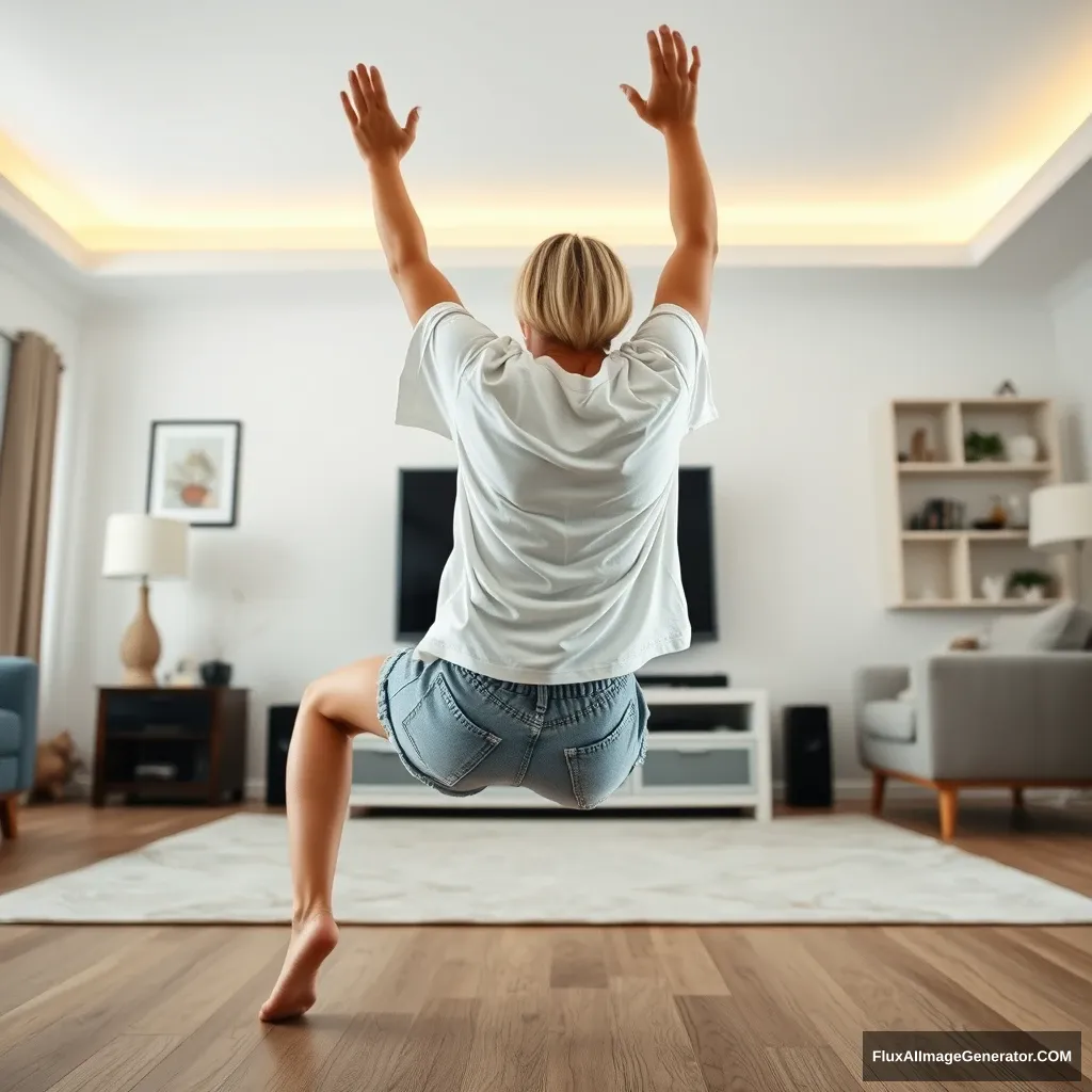 Side view angle of a skinny blonde woman in her spacious living room, wearing a greatly oversized white t-shirt that is uneven on one shoulder, along with oversized light blue denim shorts. She is barefoot and facing her TV, diving headfirst towards it with her arms raised below her head and her legs lifted high in the air, positioned at a 60-degree angle. - Image