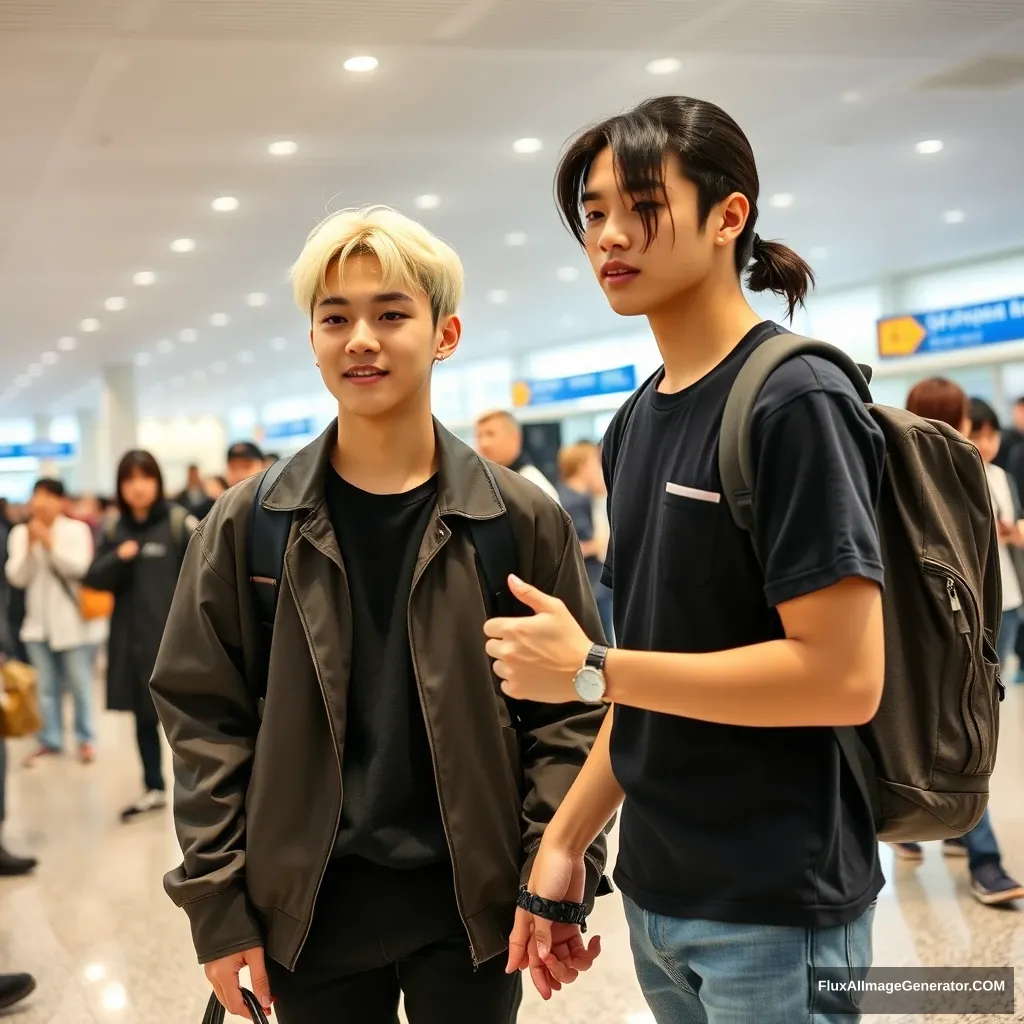 blonded ear-length short hair man and a man with low pony-tailed black hair holding each other's hand in front of huge amount of people in the airport, both are k-pop idol style